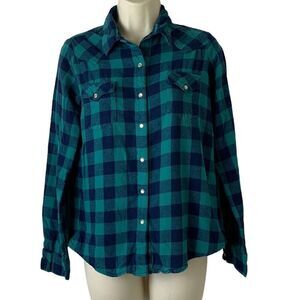Wrangler Wrancher Vintage 1990s Green and Blue Plaid Shirt